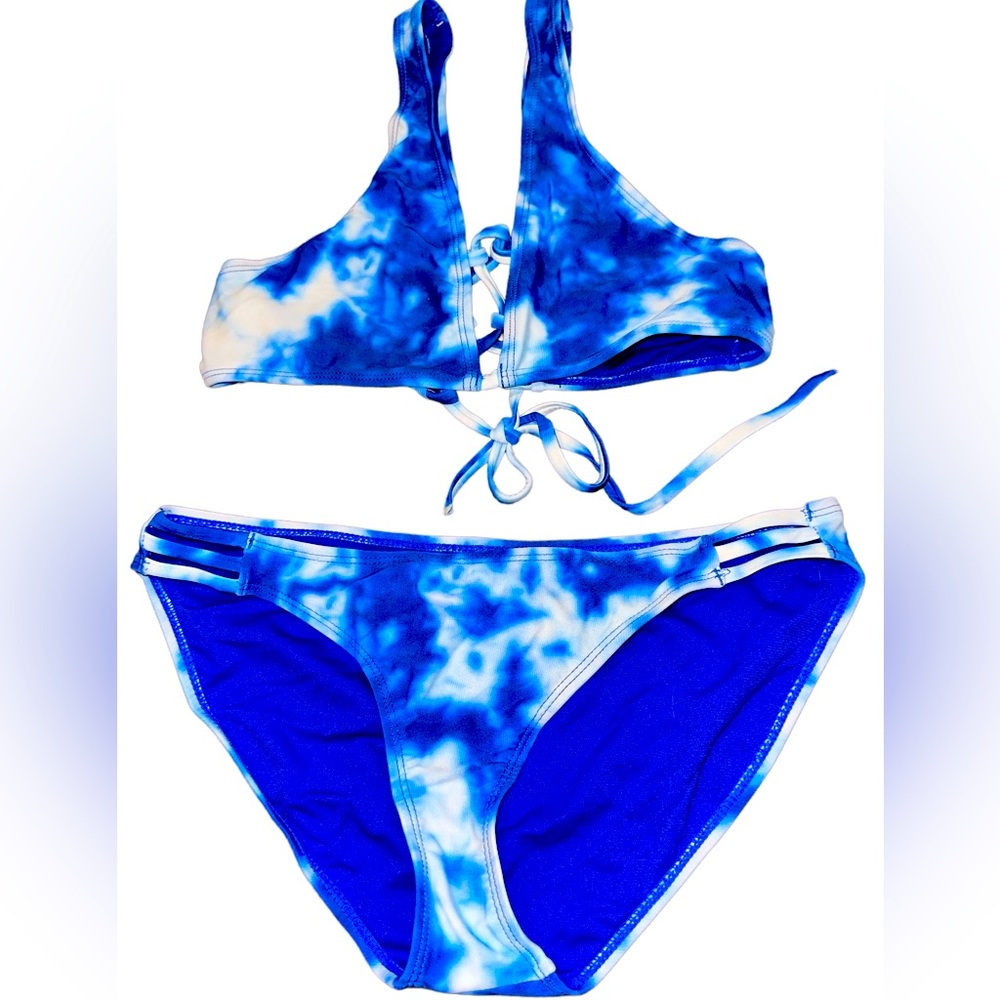 Gorgeous blue tie die lacy up back tie top strappy bottom S/M